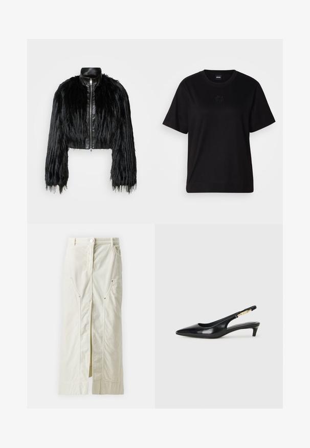 Must ikka, millel on pikad kunstkarvast varrukad, musta nahkdetailiga kaeluse ja ees oleva tõmblukuga, koos struktuurse, karvase viimistlusega.; Mustmust särk, millel on ümar kaelus, lühikesed varrukad ja tindiga tikitud logo rinnal. Lihtne, mugav lõige ilma mustriteta.; Heledbeez värvi korduroo seelik, millel on ees lõhik, kaks külgtaskut nööbiga ja nööpidega kinnituv vöökoht.; Mustad nahast slingback kontsad terava ninaga, millel on õhuke konts ja kuldse tooni aktsent reguleeritaval rihmal. Sile tekstuur.