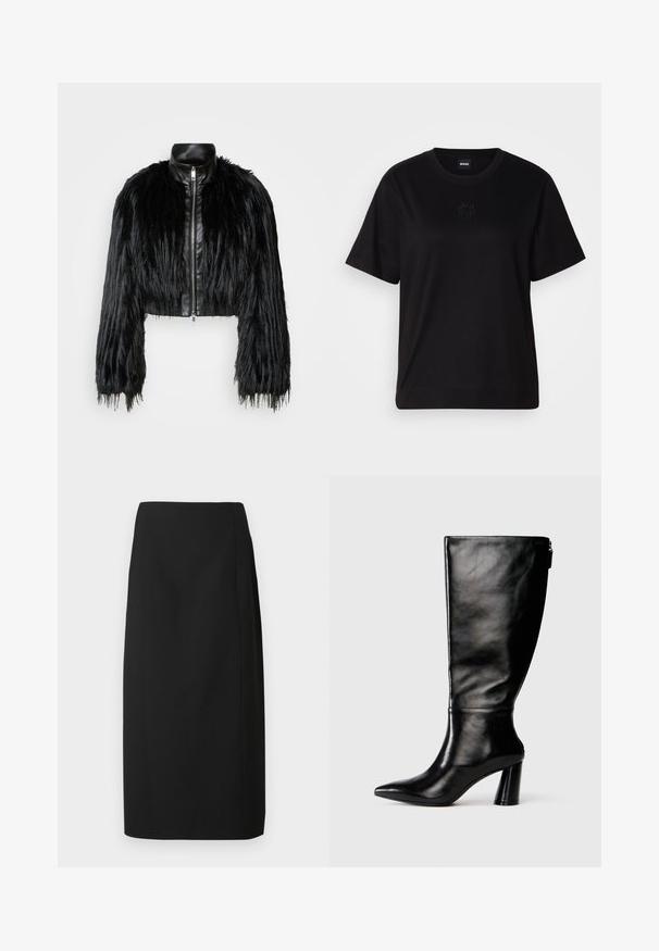 Must ikka, millel on pikad kunstkarvast varrukad, musta nahkdetailiga kaeluse ja ees oleva tõmblukuga, koos struktuurse, karvase viimistlusega.; Mustmust särk, millel on ümar kaelus, lühikesed varrukad ja tindiga tikitud logo rinnal. Lihtne, mugav lõige ilma mustriteta.; Mustast sileda kangaga pliiatsseelik, millel on sirge lõige ja puhtad jooned, ilma kaunistuste või mustriteta.; Knee-high musta nahksaabas terava nina, siledat pinnad ja paks konts. Tagaküljel on tõmblukk.