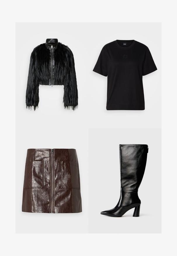 Sort cropped jakke med lange faux fur ærmer, en sort læderkrave og lynlås foran, med en tekstureret, shaggy finish.; Sort bomulds t-shirt med rund halsudskæring, korte ærmer og et broderet logo på brystet. Enkel, afslappet pasform uden mønstre.; Brun faux læder mini-skjørt med en frontlynlås, to store forlommer og en glat, blank overflade.; Knee-high sorte læderstøvle med spids tå, glat tekstur og en kraftig hæl. Har en lynlåsdetaile bagpå.