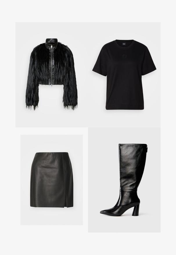 Mustan lyhyen takin yhdistelmä, jossa on pitkät tekoturkishihat, musta nahkakaulus ja etuvetoketju. Takissa on teksturoitu, karhea pinta.; Musta puuvillapaita, jossa on pyöreä kaula-aukko, lyhyet hihat ja brodeerattu logo rinnassa. Yksinkertainen, rento istuvuus ilman kuvioita.; Musta nahkainen minihame, jossa on tiukka muotoilu, sileä pinta, sivuaukko ja erottuva ommel saumoissa.; Mustat nahkasaappaat, joissa on terävä kärki, sileä pinta ja paksu korko. Takana on vetoketjuyksityiskohta.