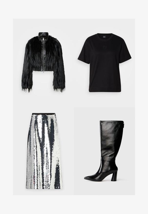 Black cropped jacket combining long faux fur sleeves with a black leather collar and front zipper, featuring a textured, shaggy finish.; Black cotton t-shirt with a crew neckline, short sleeves, and an embroidered logo on the chest. Simple, relaxed fit with no patterns.; Silver sequin maxi skirt with a straight cut, featuring a black waistband and alternating vertical stripe pattern of shiny sequins.; Knee-high black leather boot with a pointed toe, smooth texture, and a chunky heel. Features a zipper detail at the back.