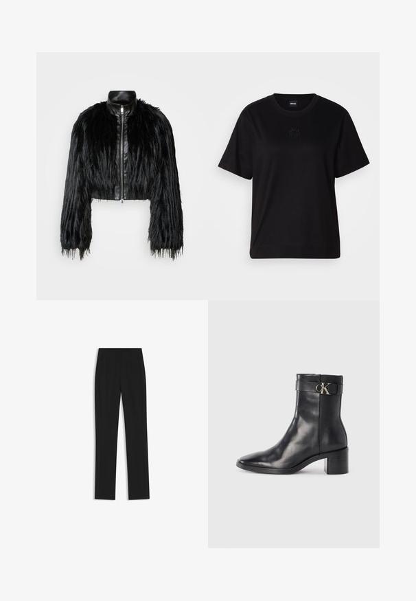 Black cropped jacket combining long faux fur sleeves with a black leather collar and front zipper, featuring a textured, shaggy finish.; Black cotton t-shirt with a crew neckline, short sleeves, and an embroidered logo on the chest. Simple, relaxed fit with no patterns.; Black tailored trousers with a straight-leg design, featuring front pockets and a smooth, textured fabric. Neat, minimal detailing.; Black leather ankle boot with a pointed toe, block heel, and a strap featuring a metallic logo detail. Smooth texture and minimal design.