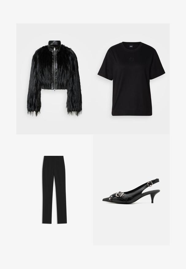 Giacca nera corta che combina maniche lunghe in pelliccia sintetica con un colletto in pelle nera e zip frontale, caratterizzata da una finitura testurizzata e shaggy.; Maglietta in cotone nera con scollatura tonda, maniche corte e logo ricamato sul petto. Design semplice e vestibilità rilassata senza motivi.; Pantaloni neri su misura con un design a gamba dritta, dotati di tasche frontali e un tessuto liscio e strutturato. Dettagli ordinati e minimalisti.; Scarpa slingback in pelle nera con punta affusolata, caratterizzata da una strap decorativa e un dettaglio con fibbia argentata, e un tacco alto stretto.