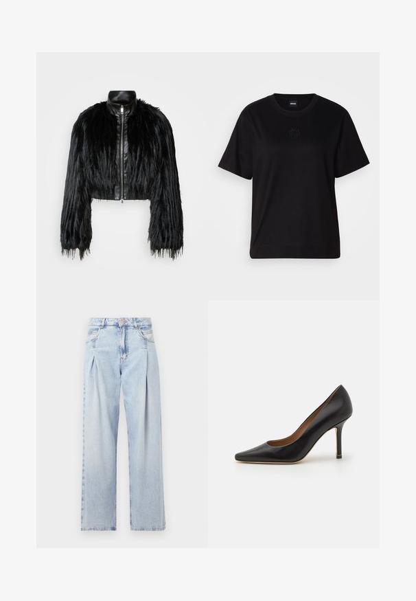 Fekete crop dzseki, amely hosszú műszőrme ujjakkal, fekete bőr gallérral és elöl cipzárral kombinálva, texturált, bolyhos felülettel rendelkezik.; Fekete pamut póló kerek nyakkivágással, rövid ujjakkal és hímzett logóval a mellkasán. Egyszerű, laza szabás, minta nélkül.; Világoskék farmernadrág magas derekú, bő szabású, két oldalsó zsebbel és pliszírozott dizájnnal. Puha tapintású, elhalványított felület.; Fekete bőr magassarkú pumpa hegyes orral, sima textúrával és karcsú stiletto sarokkal. Finom arany díszítéssel a sarok alapja közelében.