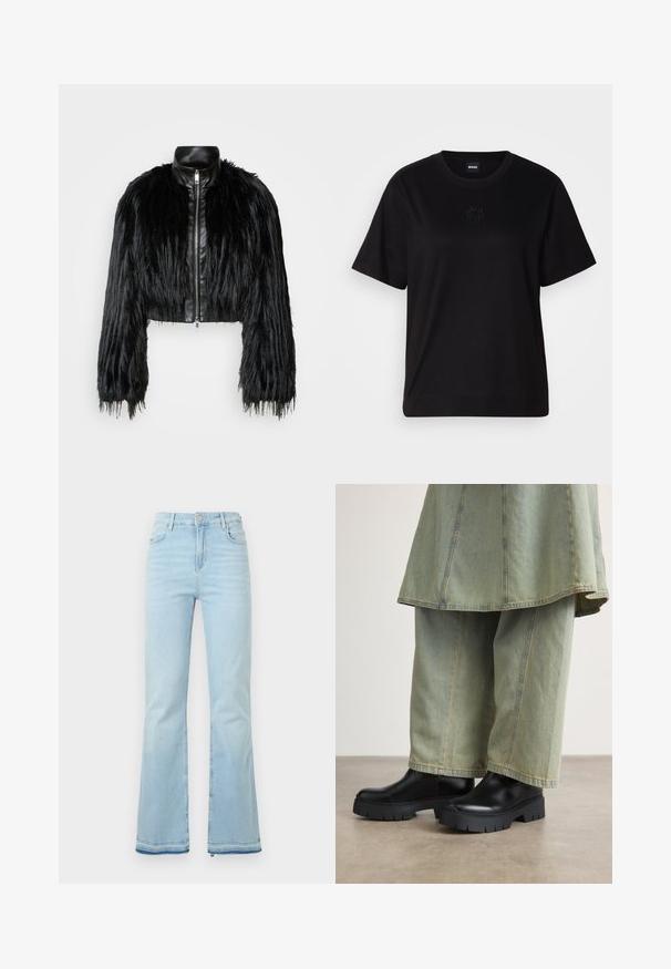 Jacket cropped preta que combina mangas longas de pelo sintético com um colarinho de pele sintética preto e fecho de correr frontal, apresentando um acabamento texturizado e desgrenhado.; T-shirt de algodão preto com decote redondo, mangas curtas e um logótipo bordado no peito. Corte simples e descontraído, sem padrões.; Jeans flare azul claro feitos de denim, com uma cintura alta, bolsos frontais e uma bainha desgastada nas bainhas para um look casual.; Botas de tornozelo pretas com solas grossas e texturizadas, combinadas com calças de ganga largas de um verde-claro com costuras contrastantes.