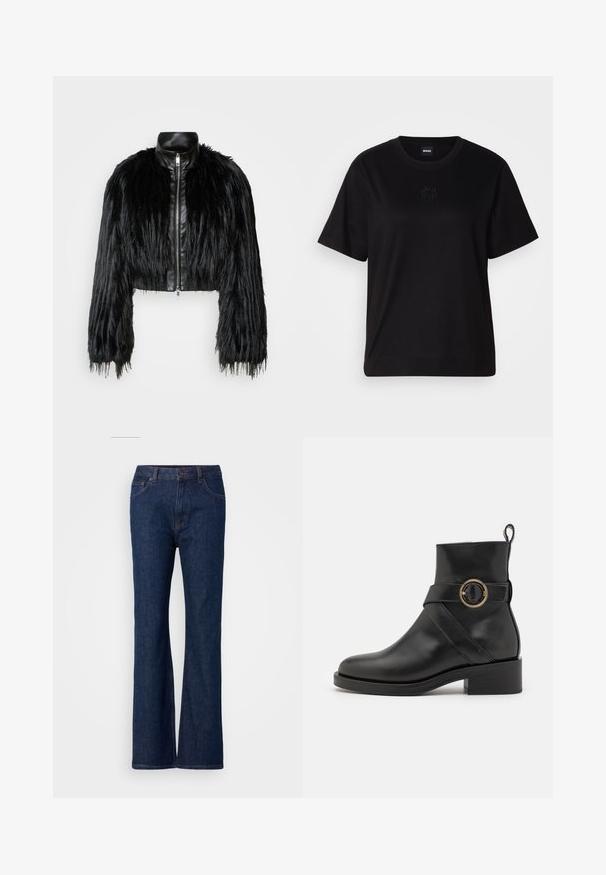Črn skrajšan jopič, ki združuje dolge rokave iz umetnega krzna s črnim usnjenim ovratnikom in sprednjim zadrgo, z dokaj teksturiranim, kosmatim zaključkom.; Črna bombažna majica s krožnim izrezom, kratkimi rokavi in izvezenim logotipom na prsih. Preprosta, sproščena silhueta brez vzorcev.; Stekleni modri denim hlače z višjim pasom, z gladko teksturo, kovinskim zapiranjem na gumb in petimi žepi.; BOSS IRYNA BOOTIE - Gležnjarji s platformo - black