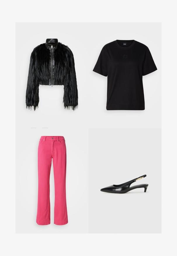 Čierna skrátená bunda kombinujúca dlhé rukávy z umelého kožušiny s čiernym koženým golierom a predným zipsom, so štruktúrovaným, strapcovitým povrchom.; Čierne bavlnené tričko s okrúhlym výstrihom, krátkymi rukávmi a vyšívaným logom na hrudi. Jednoduchý, voľný strih bez vzorov.; Ružové nohavice s voľnými nohavicami vyrobené z bavlny, s predným gombíkom, zipsom a klasickým dizajnom piatich vreciek. Hladká textúra a pravidelný strih.; Čierne kožené slingback opätky s špicatou špičkou, s úzkym opätkom a zlatým detailom na nastaviteľnom remienku. Hladká textúra.