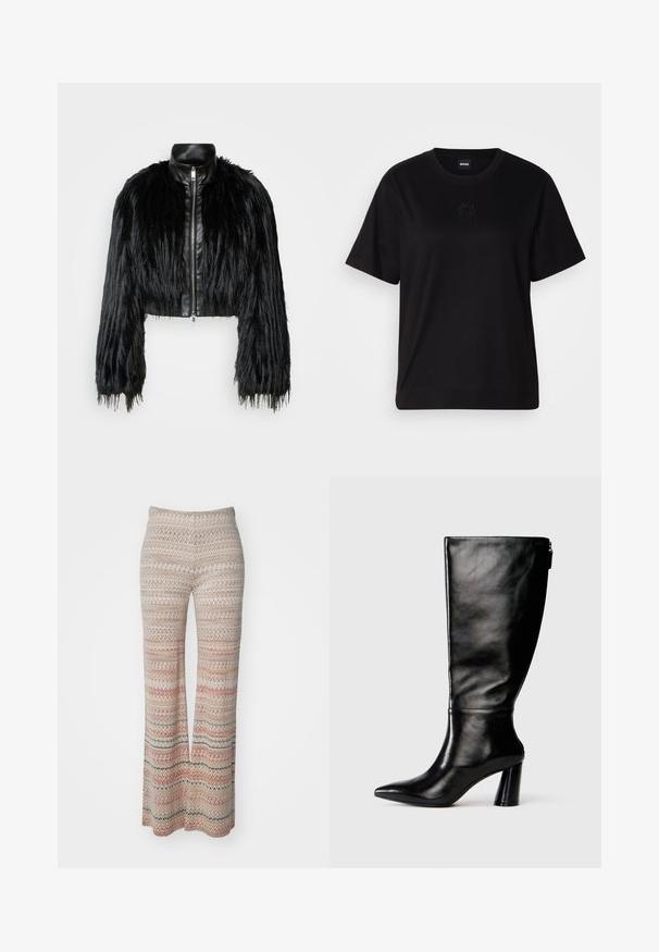 Black cropped jacket combining long faux fur sleeves with a black leather collar and front zipper, featuring a textured, shaggy finish.; Black cotton t-shirt with a crew neckline, short sleeves, and an embroidered logo on the chest. Simple, relaxed fit with no patterns.; Multi-colored knit pants with zigzag pattern, featuring a wide leg and elastic waistband. Material appears soft with a textured finish.; Knee-high black leather boot with a pointed toe, smooth texture, and a chunky heel. Features a zipper detail at the back.