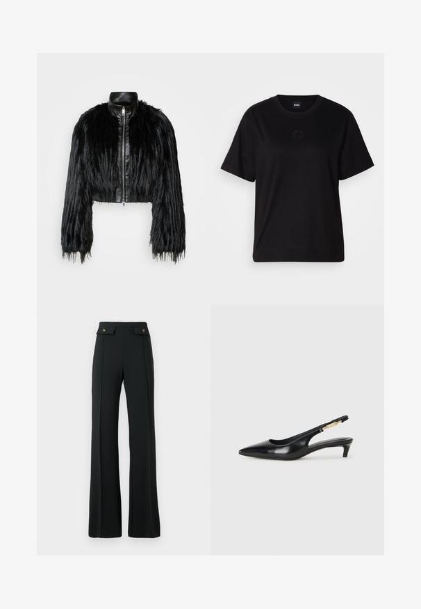 Black cropped jacket combining long faux fur sleeves with a black leather collar and front zipper, featuring a textured, shaggy finish.; Black cotton t-shirt with a crew neckline, short sleeves, and an embroidered logo on the chest. Simple, relaxed fit with no patterns.; High-waisted black flared trousers with front seam details and two gold-buttoned flap pockets at the waist.; Black leather slingback heels with a pointed toe, featuring a slim heel and a gold-tone accent on the adjustable strap. Smooth texture.