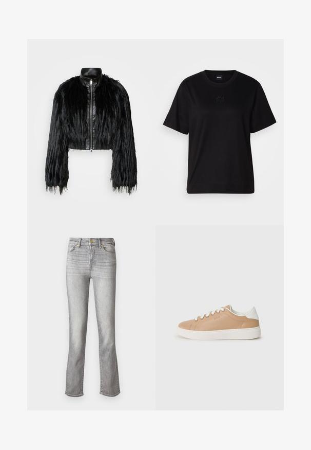 Fekete crop dzseki, amely hosszú műszőrme ujjakkal, fekete bőr gallérral és elöl cipzárral kombinálva, texturált, bolyhos felülettel rendelkezik.; Fekete pamut póló kerek nyakkivágással, rövid ujjakkal és hímzett logóval a mellkasán. Egyszerű, laza szabás, minta nélkül.; Szürke farmernadrág egyenes szárú fazonnal, elülső gombos záródással, öt zsebbel és diszkrét kopással a textúra érdekében.; Beige bőr sportcipő fehér díszítésekkel, kerek orral, lapos talppal és kontrasztos varrási részletekkel. Fűzős záródás hat fűzőlyukkal.