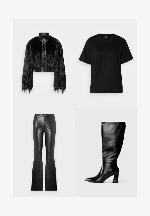 Mustan lyhyen takin yhdistelmä, jossa on pitkät tekoturkishihat, musta nahkakaulus ja etuvetoketju. Takissa on teksturoitu, karhea pinta.; Musta puuvillapaita, jossa on pyöreä kaula-aukko, lyhyet hihat ja brodeerattu logo rinnassa. Yksinkertainen, rento istuvuus ilman kuvioita.; Musta mokkanahkaiset suorat housut, joissa on sileä pinta, viisi taskua, etunappikiinnitys ja tiukka malli reisiin.; Mustat nahkasaappaat, joissa on terävä kärki, sileä pinta ja paksu korko. Takana on vetoketjuyksityiskohta.