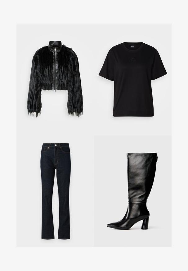 Black cropped jacket combining long faux fur sleeves with a black leather collar and front zipper, featuring a textured, shaggy finish.; Black cotton t-shirt with a crew neckline, short sleeves, and an embroidered logo on the chest. Simple, relaxed fit with no patterns.; Dark blue denim jeans with a straight-leg cut, featuring orange stitching, traditional five-pocket design, and a metal button closure.; Knee-high black leather boot with a pointed toe, smooth texture, and a chunky heel. Features a zipper detail at the back.