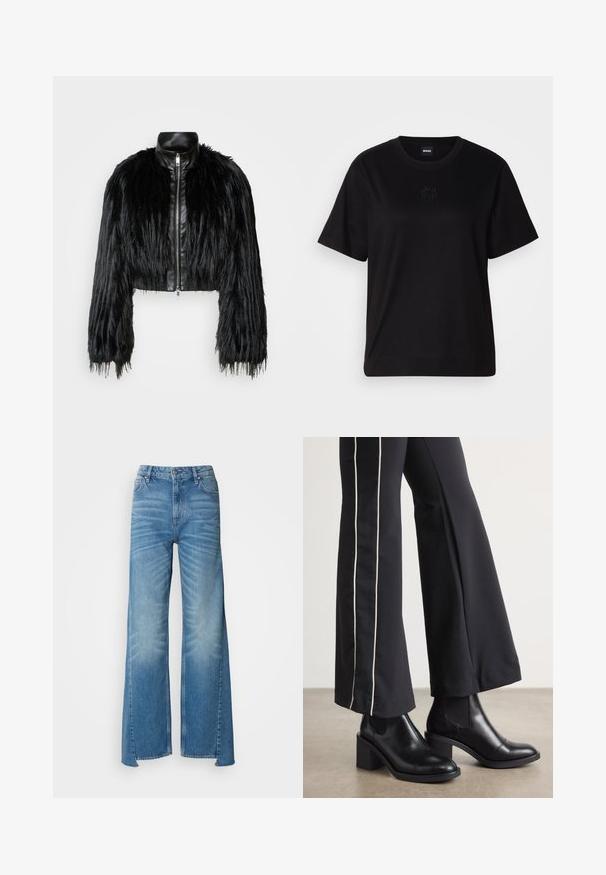 Crna skraćena jakna koja kombinira dugačke rukave od umjetnog krzna s crnim kožnim ovratnikom i prednjim zatvaračem, s teksturiranim, šaggy završetkom.; Crna pamučna majica s okruglim izrezom, kratkim rukavima i izvezenim logotipom na prsima. Jednostavan, opušten kroj bez uzorka.; Svijetlo plavi široki traperice s visokim strukom, imaju izblijeđivanje, pet džepova i zatvaranje na gumbi; izrađeni od denima s glatkom teksturom.; Crne kožne gležnjače s blok petom, s elastičnim bočnim panelima. Uparene s crnim hlačama koje imaju bijelu bočnu prugu.