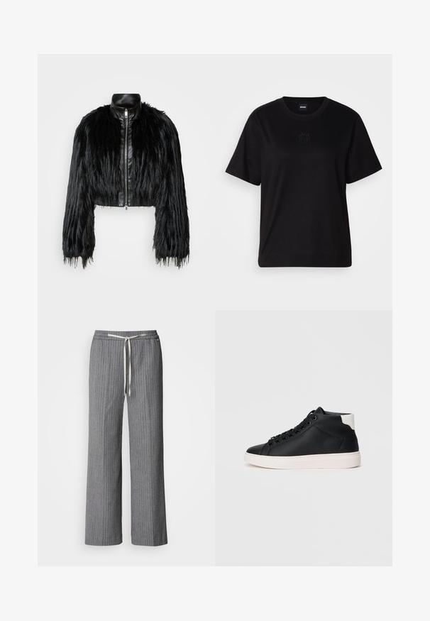 Juodas trumpas švarkas, derinantis ilgas dirbtinio kailio rankoves su juodu odiniu apykakle ir priekiniais užtrauktukais, turintis tekstūruotą, purų paviršių.; Juodas medvilninis marškinėliai su apvalia iškirpte, trumpomis rankovėmis ir siuvinėjimu ant krūtinės. Paprastas, laisvas siluetas be raštų.; Pilkos raštuotos platėjančios kelnės, pagamintos iš tekstūruotos medžiagos. Yra elastinga juostos juosta su kreminiu raišteliu.; Juodi aukšti sportbačiai, pagaminti iš lygaus odos, su balta gumine padanga, apipavidalintais apvaliais raišteliais, paminkštinta apykakle ir kontrastinga kulno akcentu.