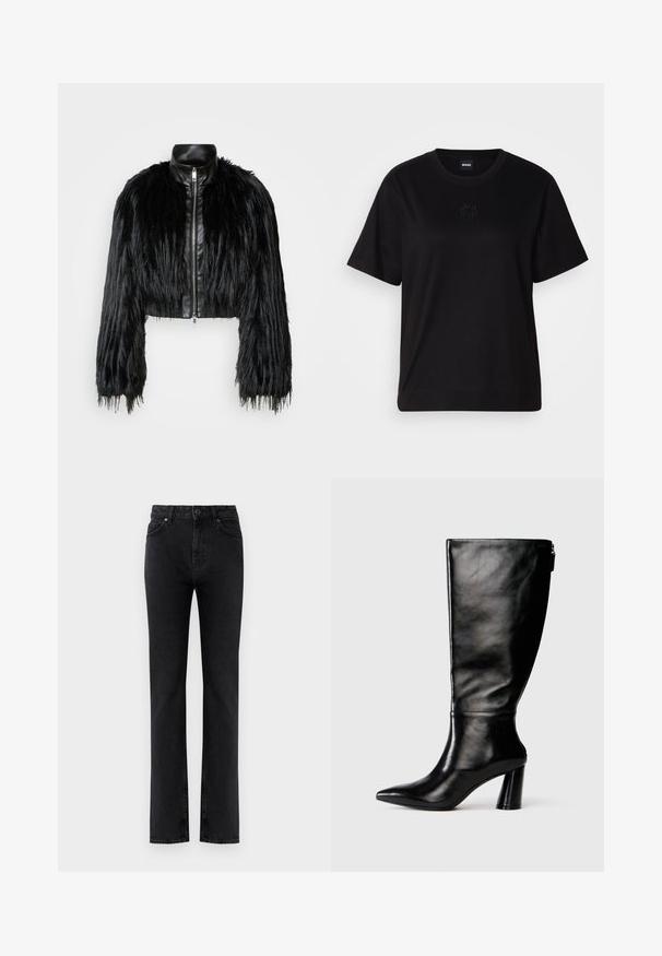 Fekete crop dzseki, amely hosszú műszőrme ujjakkal, fekete bőr gallérral és elöl cipzárral kombinálva, texturált, bolyhos felülettel rendelkezik.; Fekete pamut póló kerek nyakkivágással, rövid ujjakkal és hímzett logóval a mellkasán. Egyszerű, laza szabás, minta nélkül.; Fekete, magas derekú, egyenes szárú farmernadrág elülső zsebekkel, övhurkokkal, gombos záródással és cipzáras nyitással fehér háttér előtt.; Térd fölé érő fekete bőr csizma hegyes orral, sima felülettel és vastag sarkal. A hátsó részen cipzár részlet található.