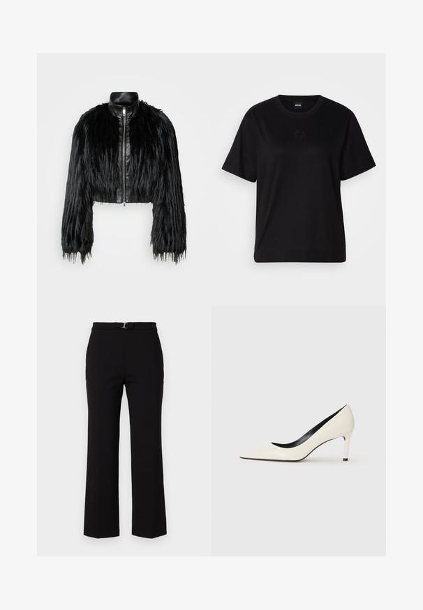 Melnā īsā jaka ar garām mākslīgā kažoka piedurknēm, melnu ādas apkakli un priekšējo rāvējslēdzēju, ar teksturētu, pūkainu apdari.; Melna kokvilnas T-krekls ar apaļu izgriezumu, īsām piedurknēm un izšūtu logotipu uz krūtīm. Vienkāršs, brīvs piegriezums bez rakstiem.; Melnas, augstām jostasvietām paredzētas bikses no gludas auduma, ar jostu ar zelta sprādzi un izplešanos kājās.; Balti lakota āda augstpapēžu kurpes ar norādītu purngalu, šauru papēdi un melnu iekšējo apdari. Gluda tekstūra un eleganta forma.