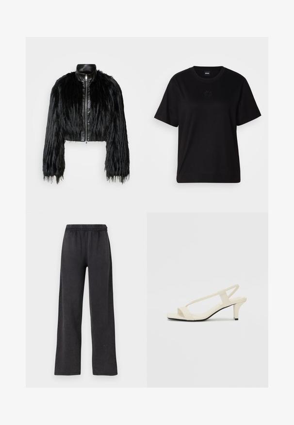 Zwart kort jasje met lange faux fur mouwen en een zwarte leren kraag en ritssluiting aan de voorkant, met een gestructureerde, harige afwerking.; Zwarte katoenen t-shirt met een ronde hals, korte mouwen en een geborduurd logo op de borst. Eenvoudige, comfortabele pasvorm zonder patronen.; Zwarte, wijde broek met een elastische tailleband, gemaakt van zachte stof. Gladde textuur met een losse pasvorm en zonder zichtbare zakken of hardware.; Beige blockhak sandalen met dunne bandjes en een vierkante neus. Glad materiaal met minimale details, ontworpen voor eenvoudig dragen.