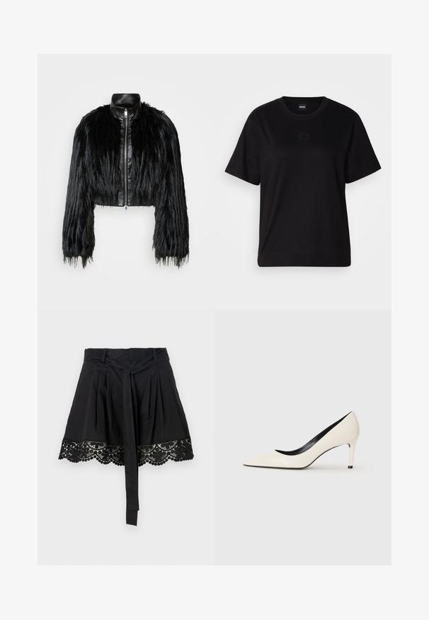 Black cropped jacket combining long faux fur sleeves with a black leather collar and front zipper, featuring a textured, shaggy finish.; Black cotton t-shirt with a crew neckline, short sleeves, and an embroidered logo on the chest. Simple, relaxed fit with no patterns.; Black skirt with a textured lace hem featuring scalloped edges and pompom details. The design includes a tied waist accent.; White patent leather high-heeled pump with a pointed toe, slim heel, and black interior detailing. Smooth texture and sleek design.