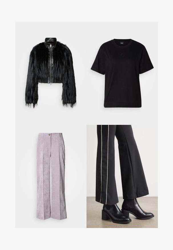 Jacket cropped preta que combina mangas longas de pelo sintético com um colarinho de pele sintética preto e fecho de correr frontal, apresentando um acabamento texturizado e desgrenhado.; T-shirt de algodão preto com decote redondo, mangas curtas e um logótipo bordado no peito. Corte simples e descontraído, sem padrões.; Calças de corduroy cor lavanda clara com cintura alta, pernas largas e pregas frontais. Apresenta um fecho com um único botão e bainha costurada.; Botas de tornozelo em couro preto com um salto bloco, apresentando painéis laterais elásticos. Combinadas com calças pretas que têm uma faixa lateral branca.