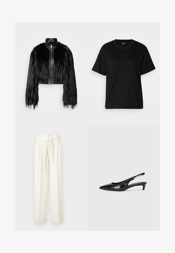 Black cropped jacket combining long faux fur sleeves with a black leather collar and front zipper, featuring a textured, shaggy finish.; Black cotton t-shirt with a crew neckline, short sleeves, and an embroidered logo on the chest. Simple, relaxed fit with no patterns.; Cream-colored wide-leg trousers with a belted waist. Made of soft fabric, featuring pleats and a smooth texture without patterns.; Black leather slingback heels with a pointed toe, featuring a slim heel and a gold-tone accent on the adjustable strap. Smooth texture.