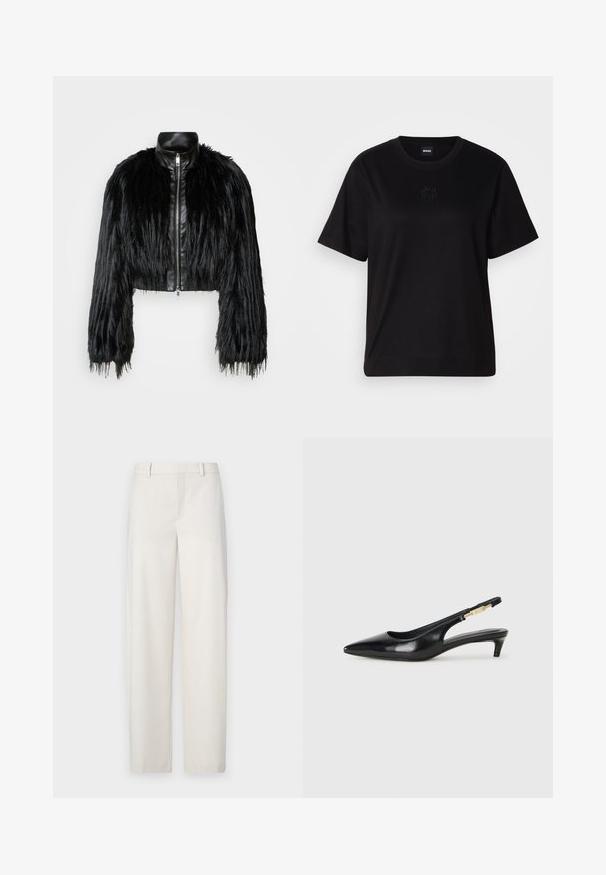 Black cropped jacket combining long faux fur sleeves with a black leather collar and front zipper, featuring a textured, shaggy finish.; Black cotton t-shirt with a crew neckline, short sleeves, and an embroidered logo on the chest. Simple, relaxed fit with no patterns.; Light beige trousers made of a smooth fabric, featuring a straight cut, flat front, belt loops, and side pockets.; Black leather slingback heels with a pointed toe, featuring a slim heel and a gold-tone accent on the adjustable strap. Smooth texture.