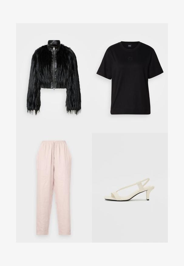 Črn skrajšan jopič, ki združuje dolge rokave iz umetnega krzna s črnim usnjenim ovratnikom in sprednjim zadrgo, z dokaj teksturiranim, kosmatim zaključkom.; Črna bombažna majica s krožnim izrezom, kratkimi rokavi in izvezenim logotipom na prsih. Preprosta, sproščena silhueta brez vzorcev.; Svetlo roza lanene hlače s pasom na vrvico, stranskimi žepi in ohlapnim krojem. Rob je taperiran z gladko teksturo.; Bež sandale z blok peto, tankimi trakovi in kvadratnim prstom. Gladek material z minimalnim okrasjem, zasnovan za enostavno nošenje.