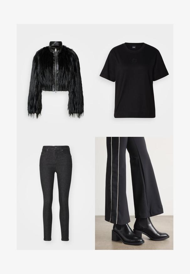 Fekete crop dzseki, amely hosszú műszőrme ujjakkal, fekete bőr gallérral és elöl cipzárral kombinálva, texturált, bolyhos felülettel rendelkezik.; Fekete pamut póló kerek nyakkivágással, rövid ujjakkal és hímzett logóval a mellkasán. Egyszerű, laza szabás, minta nélkül.; Fekete farmer skinny farmernadrág, fitted fazonnal, klasszikus öt zsebes dizájnnal, elülső gombos zárással és finom varrási részletekkel.; Fekete bőr bokacsizma, tömbsarkúval, oldalán rugalmasszal ellátott panelek találhatók. Fekete nadrággal párosítva, amelynek fehér oldalsávja van.