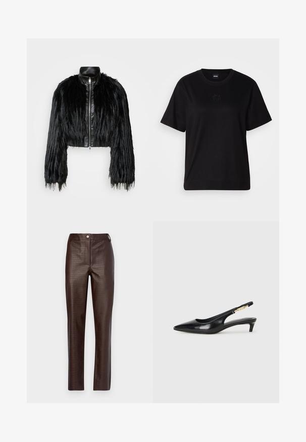 Mustan lyhyen takin yhdistelmä, jossa on pitkät tekoturkishihat, musta nahkakaulus ja etuvetoketju. Takissa on teksturoitu, karhea pinta.; Musta puuvillapaita, jossa on pyöreä kaula-aukko, lyhyet hihat ja brodeerattu logo rinnassa. Yksinkertainen, rento istuvuus ilman kuvioita.; Ruske faux nahkavyöt ovat krokotiilien tekstuurilla. Niissä on istuva muotoilu, etupainike ja suorat lahkeet.; Mustat nahkaiset slingback-korkokengät, joissa on terävä kärki, ohuet korot ja kultasävytteinen yksityiskohta säädettävässä hihnassa. Silkkinen pinta.