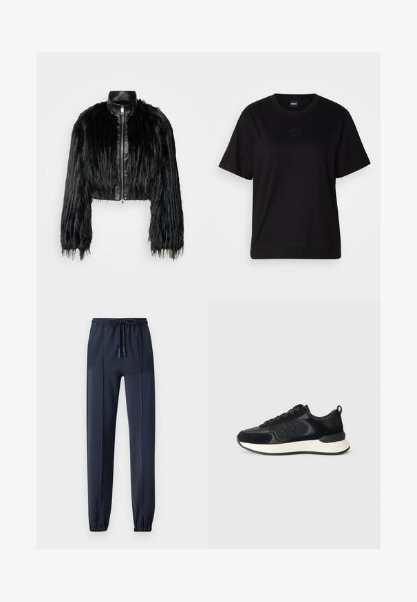 Črn skrajšan jopič, ki združuje dolge rokave iz umetnega krzna s črnim usnjenim ovratnikom in sprednjim zadrgo, z dokaj teksturiranim, kosmatim zaključkom.; Črna bombažna majica s krožnim izrezom, kratkimi rokavi in izvezenim logotipom na prsih. Preprosta, sproščena silhueta brez vzorcev.; Temno modri športni hlače iz gladkega, lahkega materiala; vključujejo elastični pas z vrvico in zožene gležnje.; Črne športne čevelj z gladkim usnjenim zgornjim delom, suednimi detajli, okroglim prstom in kontrastnim belim srednjim podplatom. Ima sistem za zavezovanje in podrobnost z logotipom.