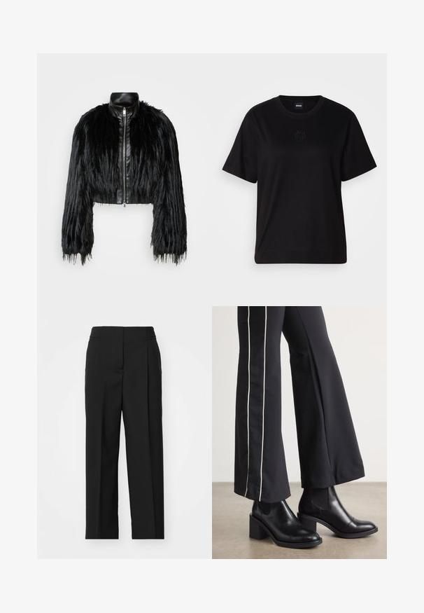 Jachetă scurtă neagră, care combină mânecile lungi din blană sintetică cu un guler din piele neagră și fermoar frontal, având o finisare texturată, zbârcită.; T-shirt negru din bumbac, cu guler rotund, mâneci scurte și un logo brodat pe piept. Design simplu, cu o croială relaxată și fără modele.; Pantaloni negri, croiți pe măsură, cu talie înaltă, având plii frontale, o tăietură slim în talie și un design cu picior larg și drept.; Bocanci de piele negri până la gleznă, cu toc pătrat, având panouri elastice pe laterale. Asortați cu pantaloni negri care au o dungi albă pe lateral.