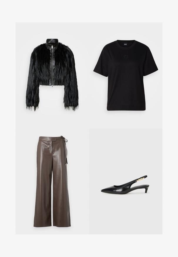 Giacca nera corta che combina maniche lunghe in pelliccia sintetica con un colletto in pelle nera e zip frontale, caratterizzata da una finitura testurizzata e shaggy.; Maglietta in cotone nera con scollatura tonda, maniche corte e logo ricamato sul petto. Design semplice e vestibilità rilassata senza motivi.; Pantaloni a gamba larga in finta pelle marrone con vita alta e dettaglio di legatura laterale su sfondo bianco.; Tacchi slingback in pelle nera con punta affusolata, caratterizzati da un tacco alto e un accento dorato sulla cinghia regolabile. Texture liscia.