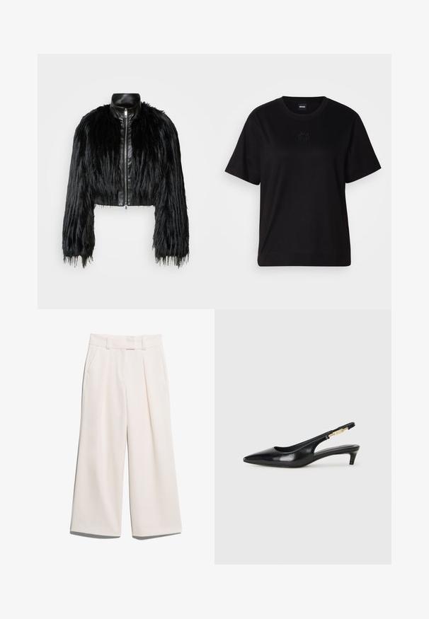 Must ikka, millel on pikad kunstkarvast varrukad, musta nahkdetailiga kaeluse ja ees oleva tõmblukuga, koos struktuurse, karvase viimistlusega.; Mustmust särk, millel on ümar kaelus, lühikesed varrukad ja tindiga tikitud logo rinnal. Lihtne, mugav lõige ilma mustriteta.; Laiad püksid heledas kreemjas värvitoonis, valmistatud siledast kangast, kahel esimesel taskul ja nähtava õmblusega vöökoha juures.; Mustad nahast slingback kontsad terava ninaga, millel on õhuke konts ja kuldse tooni aktsent reguleeritaval rihmal. Sile tekstuur.