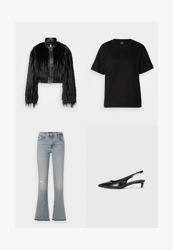 Veste noire courte associant de longues manches en fausse fourrure à un col en cuir noir et une fermeture éclair à l'avant, dotée d'une finition texturée et shaggy.; T-shirt en coton noir avec un col rond, des manches courtes et un logo brodé sur la poitrine. Coupe simple et décontractée sans motifs.; Jeans évasés bleu clair avec un genou déchiré, cinq poches et un ourlet effiloché. Fabriqués en tissu denim, avec une taille mi-haute.; Talons hauts en cuir noir avec un bout pointu, dotés d'un talon fin et d'un accent en ton or sur la lanière réglable. Texture lisse.