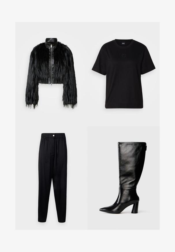 Black cropped jacket combining long faux fur sleeves with a black leather collar and front zipper, featuring a textured, shaggy finish.; Black cotton t-shirt with a crew neckline, short sleeves, and an embroidered logo on the chest. Simple, relaxed fit with no patterns.; Black pants made of smooth, lightweight fabric. Features an elastic waistband, side pockets, and tapered legs for relaxed fit.; Knee-high black leather boot with a pointed toe, smooth texture, and a chunky heel. Features a zipper detail at the back.