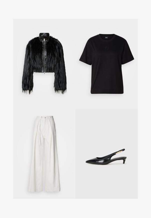 Black cropped jacket combining long faux fur sleeves with a black leather collar and front zipper, featuring a textured, shaggy finish.; Black cotton t-shirt with a crew neckline, short sleeves, and an embroidered logo on the chest. Simple, relaxed fit with no patterns.; White, wide-leg trousers made of lightweight fabric. Features a front belt loop, long tie belt, and subtle pleats for a relaxed fit.; Black leather slingback heels with a pointed toe, featuring a slim heel and a gold-tone accent on the adjustable strap. Smooth texture.