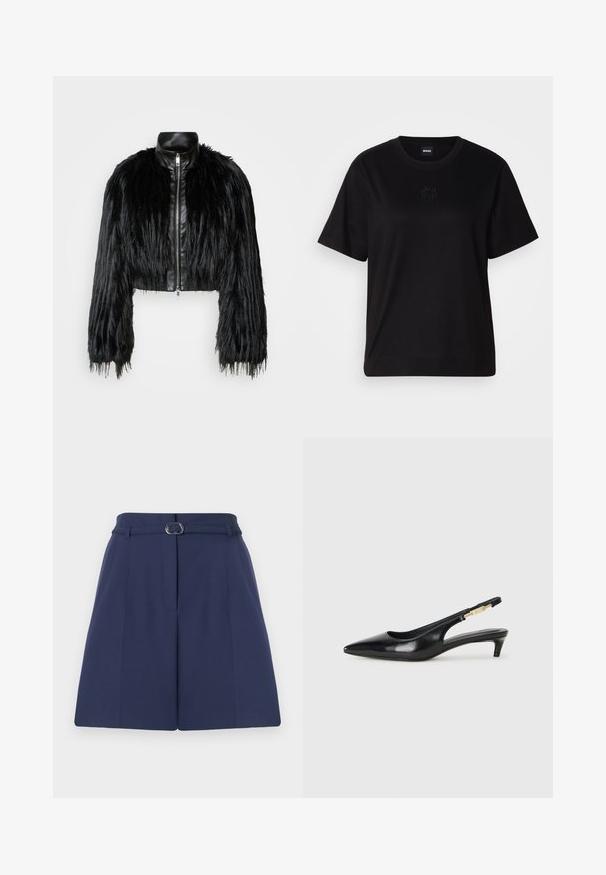 Jachetă scurtă neagră, care combină mânecile lungi din blană sintetică cu un guler din piele neagră și fermoar frontal, având o finisare texturată, zbârcită.; T-shirt negru din bumbac, cu guler rotund, mâneci scurte și un logo brodat pe piept. Design simplu, cu o croială relaxată și fără modele.; Pantaloni scurți din navy blue, croiți la comandă, cu o curea, având bucle pentru curea, detalii pliante și o textură de țesătură netedă. Croi standard drept.; Sandale slingback din piele neagră cu vârf ascuțit, având un toc subțire și un accent de culoare aurie pe curea ajustabilă. Textură netedă.