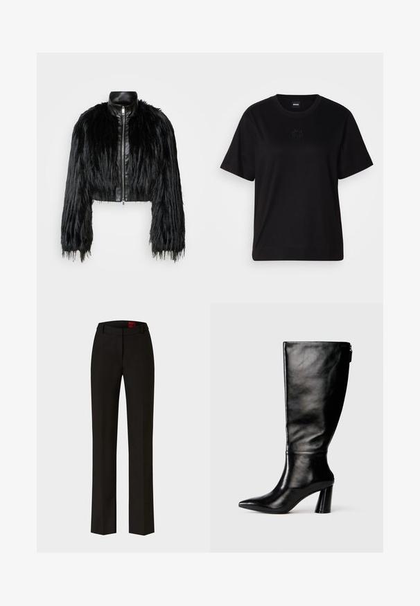 Čierna skrátená bunda kombinujúca dlhé rukávy z umelého kožušiny s čiernym koženým golierom a predným zipsom, so štruktúrovaným, strapcovitým povrchom.; Čierne bavlnené tričko s okrúhlym výstrihom, krátkymi rukávmi a vyšívaným logom na hrudi. Jednoduchý, voľný strih bez vzorov.; Čierne elegantné nohavice s rovnými nohavicami a pútkami na opasok, s jemným záhybom na prednej strane a viditeľnou etiketou vo vnútri pásu.; Čierna kožená čižma po kolená s špicatou špičkou, hladkou textúrou a masívnym opätkom. Obsahuje detail zipsu na zadnej strane.