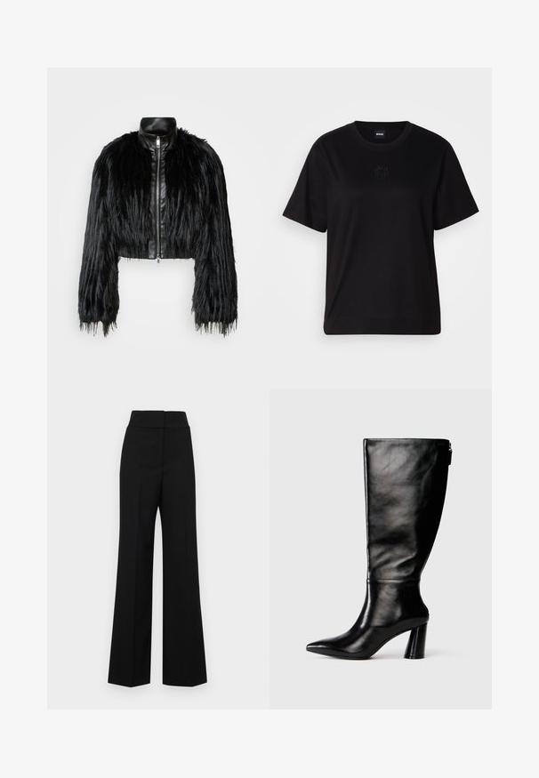 Veste noire courte associant de longues manches en fausse fourrure à un col en cuir noir et une fermeture éclair à l'avant, dotée d'une finition texturée et shaggy.; T-shirt en coton noir avec un col rond, des manches courtes et un logo brodé sur la poitrine. Coupe simple et décontractée sans motifs.; Pantalons noirs à jambes larges avec une taille haute, présentant une texture lisse et sans quincaillerie ni embellissements visibles.; Botte en cuir noir à hauteur de genoux avec un bout pointu, une texture lisse et un talon épais. Elle présente un zip à l'arrière.