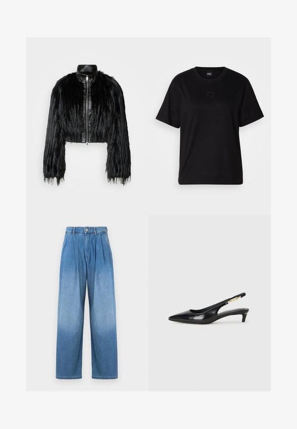 Čierna skrátená bunda kombinujúca dlhé rukávy z umelého kožušiny s čiernym koženým golierom a predným zipsom, so štruktúrovaným, strapcovitým povrchom.; Čierne bavlnené tričko s okrúhlym výstrihom, krátkymi rukávmi a vyšívaným logom na hrudi. Jednoduchý, voľný strih bez vzorov.; Svetlomodré džínsy s vysokým pásom, uvoľneným strihom širokých nohavíc a prednými záhybmi. Obsahujú zapínanie na gombík a zips.; Čierne kožené slingback opätky s špicatou špičkou, s úzkym opätkom a zlatým detailom na nastaviteľnom remienku. Hladká textúra.