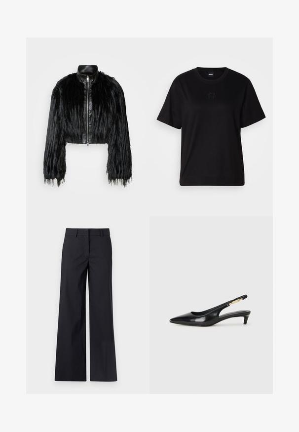 Črn skrajšan jopič, ki združuje dolge rokave iz umetnega krzna s črnim usnjenim ovratnikom in sprednjim zadrgo, z dokaj teksturiranim, kosmatim zaključkom.; Črna bombažna majica s krožnim izrezom, kratkimi rokavi in izvezenim logotipom na prsih. Preprosta, sproščena silhueta brez vzorcev.; Črne široke hlače iz mešanice bombaža. Imajo ravno prednjo stran, zanke za pas in stranske žepke. Gladka tekstura, natančno zasnovane.; Črne usnjene sandale na peto z ostro konico, ki imajo tanko peto in zlat ton na nastavljivem traku. Gladka tekstura.