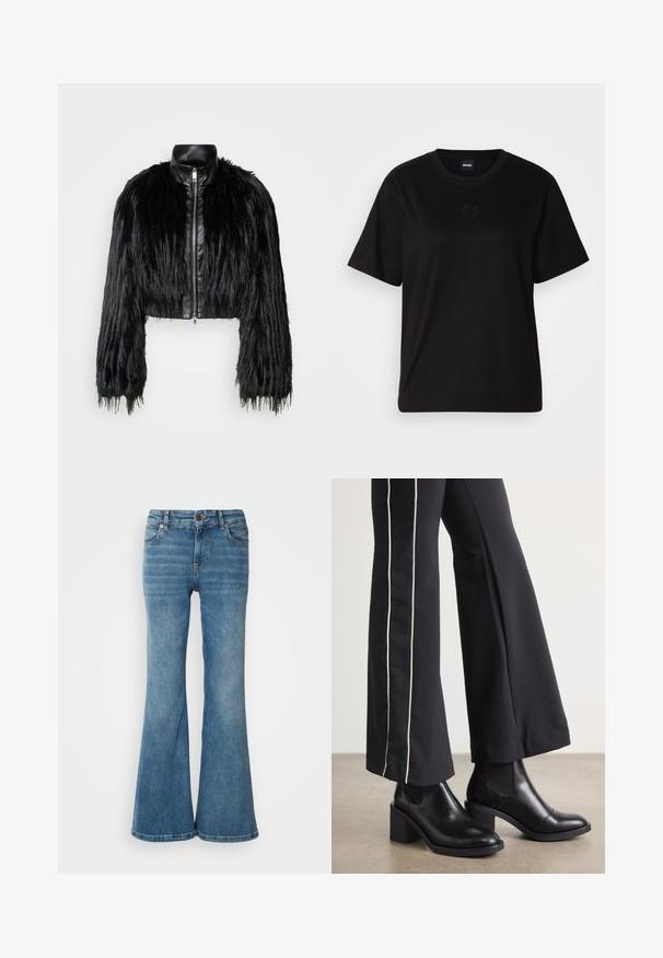 Černá zkrácená bunda kombinující dlouhé rukávy z umělé kožešiny s černým koženým límcem a předním zipem, s texturovaným, chlupatým povrchem.; Černé bavlněné tričko s kulatým výstřihem, krátkými rukávy a vyšitým logem na hrudi. Jednoduchý, volný střih bez vzorů.; Světlé modré zvonové džíny vyrobené z denimu, s pěti kapsami, viditelným šitím a zapínáním na knoflík a zip v pase.; Černé kožené kotníkové boty na blokovém podpatku, s elastickými bočními panely. V kombinaci s černými kalhotami, které mají bílý boční pruh.