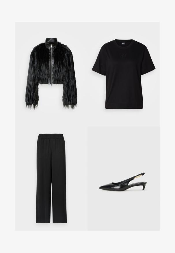 Veste noire courte associant de longues manches en fausse fourrure à un col en cuir noir et une fermeture éclair à l'avant, dotée d'une finition texturée et shaggy.; T-shirt en coton noir avec un col rond, des manches courtes et un logo brodé sur la poitrine. Coupe simple et décontractée sans motifs.; Pantalon large noir avec une taille élastique, fabriqué dans un tissu lisse et léger. Présente une coupe droite et sans motifs visibles.; Talons hauts en cuir noir avec un bout pointu, dotés d'un talon fin et d'un accent en ton or sur la lanière réglable. Texture lisse.