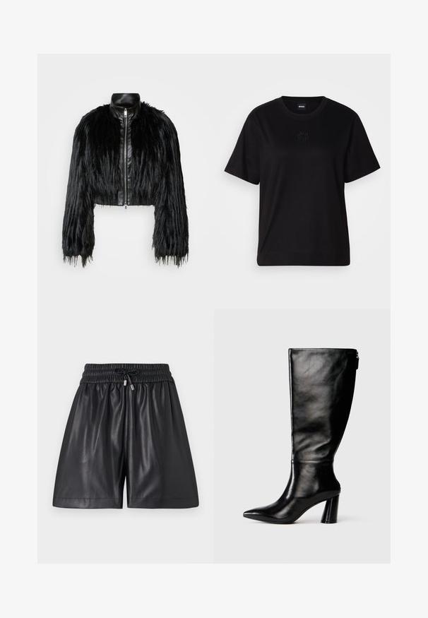 Melnā īsā jaka ar garām mākslīgā kažoka piedurknēm, melnu ādas apkakli un priekšējo rāvējslēdzēju, ar teksturētu, pūkainu apdari.; Melna kokvilnas T-krekls ar apaļu izgriezumu, īsām piedurknēm un izšūtu logotipu uz krūtīm. Vienkāršs, brīvs piegriezums bez rakstiem.; Melnas ādas šorti ar elastīgu jostasvietu un auklu. Īpašības ietver gludu tekstūru un brīvu piegriezumu, beidzoties virs ceļgala.; Ceļgala augstumā melnas ādas zābaki ar saplacinātu purngalu, gludu tekstūru un masīlu papēdi. Aizmugurē ir rāvējslēdzēja detalizācija.