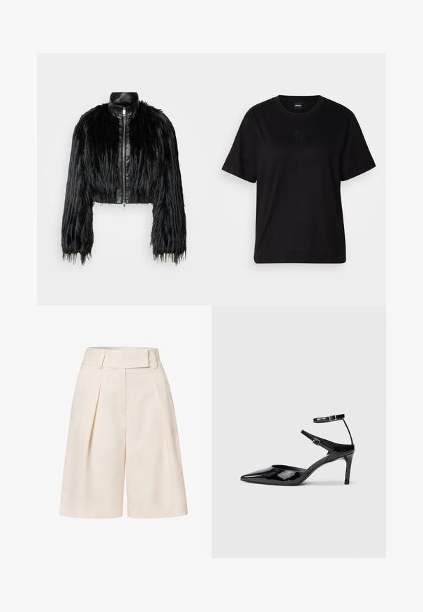 Sort cropped jakke med lange faux fur ærmer, en sort læderkrave og lynlås foran, med en tekstureret, shaggy finish.; Sort bomulds t-shirt med rund halsudskæring, korte ærmer og et broderet logo på brystet. Enkel, afslappet pasform uden mønstre.; Cremfarvede skræddersyede shorts med høj talje, plisseret front og en glat stoftekstur. Har brede, korte ben.; Sorte laklæderhæle med spids tå, justerbare ankelstropper og en slank hæl. Glat tekstur med en skinnende finish.