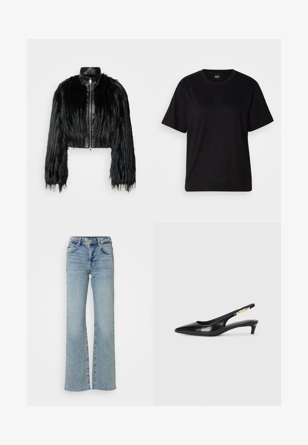 Chaqueta negra corta que combina mangas largas de piel sintética con un collar de cuero negro y cremallera frontal, con un acabado texturizado y despeinado.; Camiseta de algodón negra con cuello redondo, mangas cortas y un logo bordado en el pecho. Ajuste simple y relajado sin patrones.; Jeans de mezclilla azul claro con cintura alta, pierna ancha y detalles de dobladillo sin terminar. Presenta un diseño clásico de cinco bolsillos y cierre delantero con botón.; Tacones negros de piel sintética tipo slingback con punta afilada, que cuentan con un tacón delgado y un detalle en tono dorado en la correa ajustable. Textura suave.