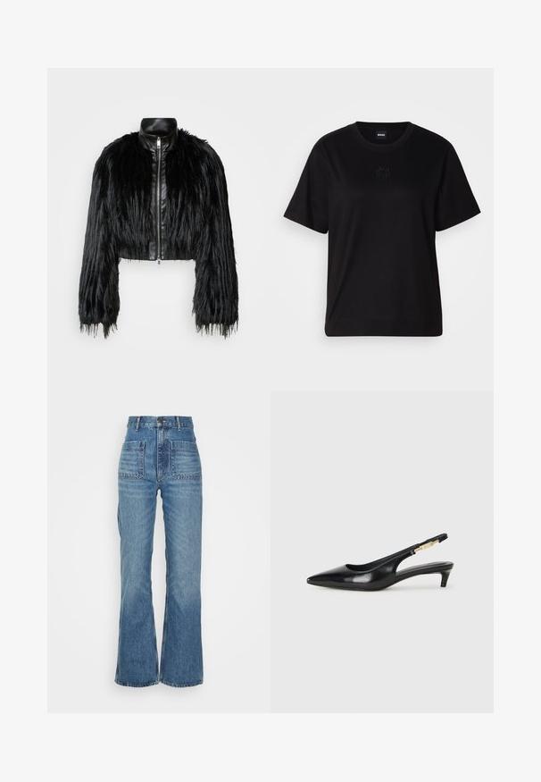 Čierna skrátená bunda kombinujúca dlhé rukávy z umelého kožušiny s čiernym koženým golierom a predným zipsom, so štruktúrovaným, strapcovitým povrchom.; Čierne bavlnené tričko s okrúhlym výstrihom, krátkymi rukávmi a vyšívaným logom na hrudi. Jednoduchý, voľný strih bez vzorov.; Džíny vysokého pásu z modrej džínoviny s rozšírenou nohavicou, dvoma prednými vreckami a dvoma zadnými vreckami; textúrovaná tkanina s vyblednutým vzorom.; Čierne kožené slingback opätky s špicatou špičkou, s úzkym opätkom a zlatým detailom na nastaviteľnom remienku. Hladká textúra.
