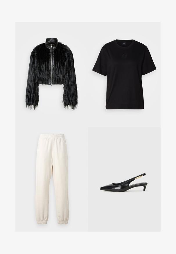 Black cropped jacket combining long faux fur sleeves with a black leather collar and front zipper, featuring a textured, shaggy finish.; Black cotton t-shirt with a crew neckline, short sleeves, and an embroidered logo on the chest. Simple, relaxed fit with no patterns.; Cream-colored sweatpants made of soft fabric, featuring an elastic waistband and ribbed cuffs. Subtle logo detail on the side.; Black leather slingback heels with a pointed toe, featuring a slim heel and a gold-tone accent on the adjustable strap. Smooth texture.