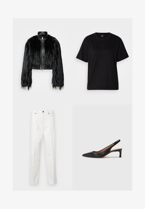 Svart kort jacka som kombinerar långa sockerfuskärmar med en svart läderkrage och dragkedja fram, med en texturerad, shaggy finish.; Svart bomullströja med rund halsringning, korta ärmar och en broderad logotyp på bröstet. Enkel, avslappnad passform utan mönster.; Vita jeans med rak passform, knappstängning och två framfickor. Inga synliga mönster eller dekorationer. Slät textur.; Svart läder slingback pumps med spetsig tå, låg klack och en mjuk yta. Har ett tunt justerbart rem för en säker passform.