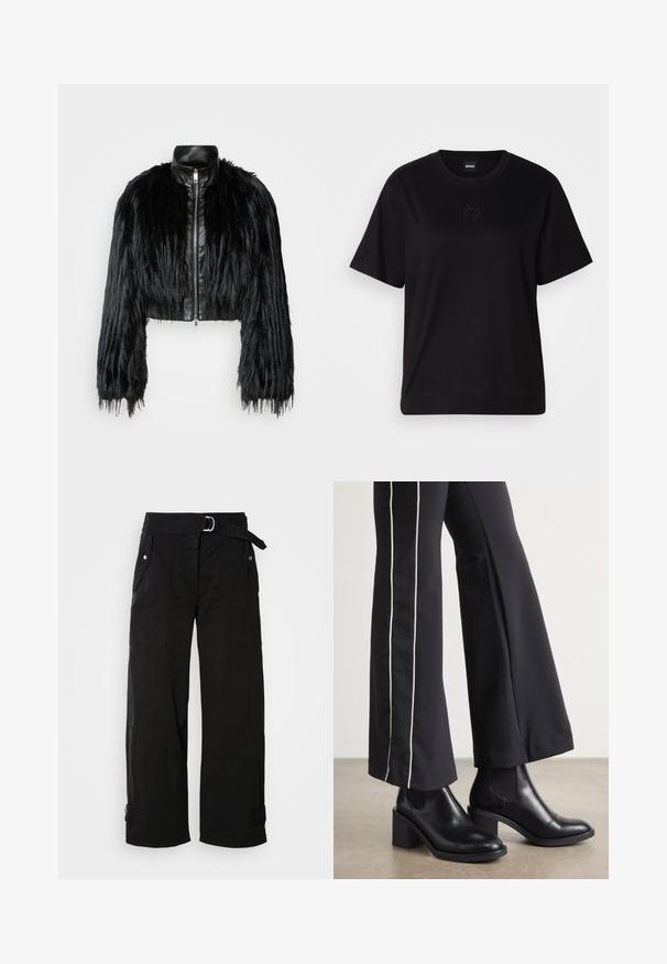 Jacket cropped preta que combina mangas longas de pelo sintético com um colarinho de pele sintética preto e fecho de correr frontal, apresentando um acabamento texturizado e desgrenhado.; T-shirt de algodão preto com decote redondo, mangas curtas e um logótipo bordado no peito. Corte simples e descontraído, sem padrões.; Calças largas pretas com um cinto, múltiplos bolsos e costuras angulares. Feitas de um tecido durável com uma textura suave.; Botas de tornozelo em couro preto com um salto bloco, apresentando painéis laterais elásticos. Combinadas com calças pretas que têm uma faixa lateral branca.