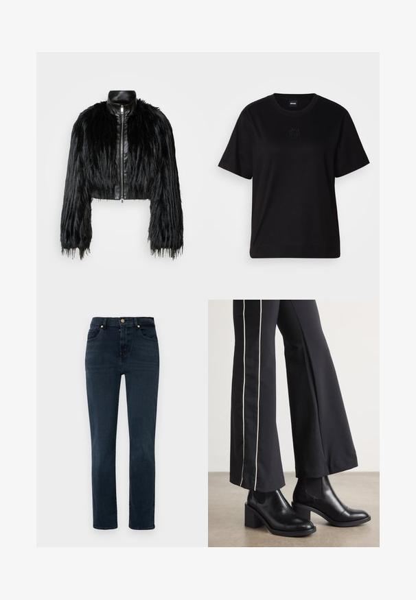 Melnā īsā jaka ar garām mākslīgā kažoka piedurknēm, melnu ādas apkakli un priekšējo rāvējslēdzēju, ar teksturētu, pūkainu apdari.; Melna kokvilnas T-krekls ar apaļu izgriezumu, īsām piedurknēm un izšūtu logotipu uz krūtīm. Vienkāršs, brīvs piegriezums bez rakstiem.; Tumši džinsi ar taisno kāju dizainu, augstu vidukļa līmeni, piecu kabatu stilu un zelta toņu detaļām. Gluda tekstūra, minimāla izbalēšana.; Melnas ādas potīšu zābaki ar blokveida papēdi, aprīkoti ar elastīgām sānu paneļiem. Kombinēti ar melniem biksēm, kuru sānos ir baltas svītras.